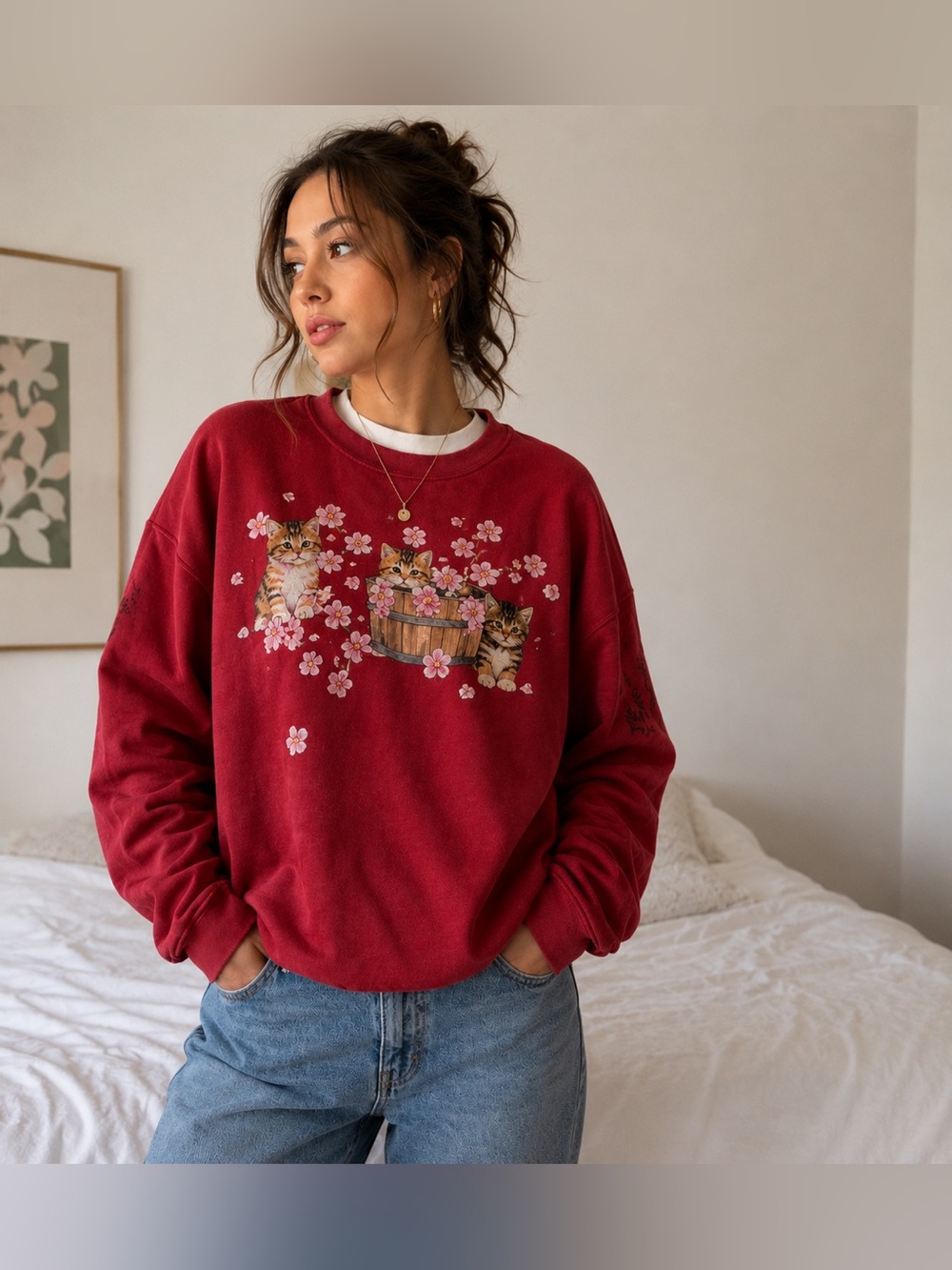 Vintage Morning Sun Kitten Cherry Blossom Red sweatshirt size L